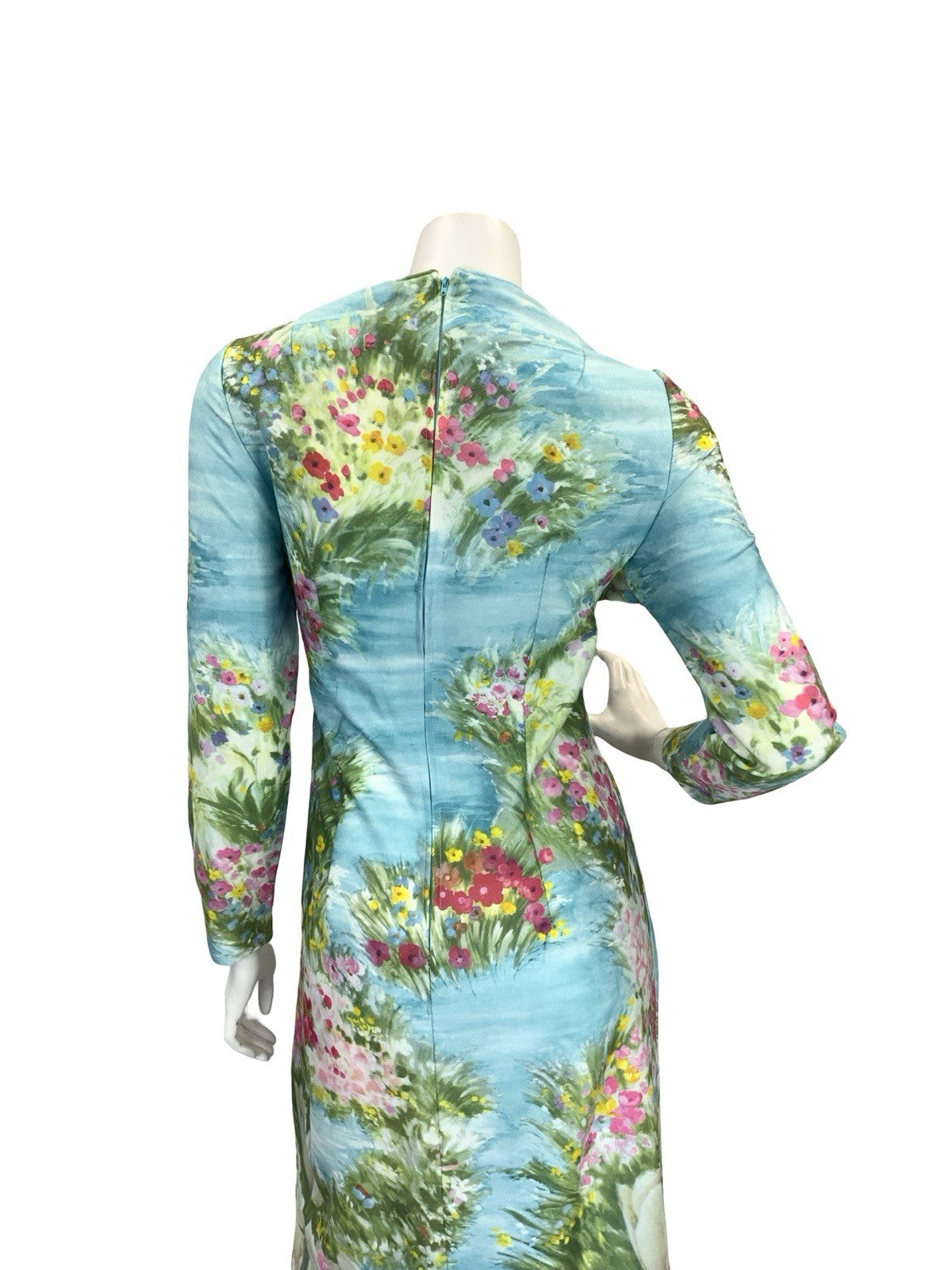 VTG 60S 70S BLUE GREEN PINK YELLOW WATER FLORAL GARDEN TULIP MAXI DRESS 14