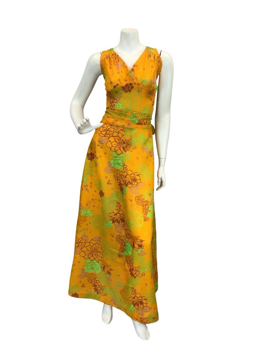 VTG 60S 70S YELLOW BROWN GREEN PURPLE FLORAL RUCHED TIE WAIST MAXI DRESS 8