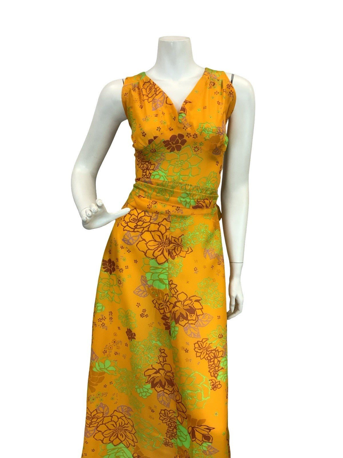 VTG 60S 70S YELLOW BROWN GREEN PURPLE FLORAL RUCHED TIE WAIST MAXI DRESS 8