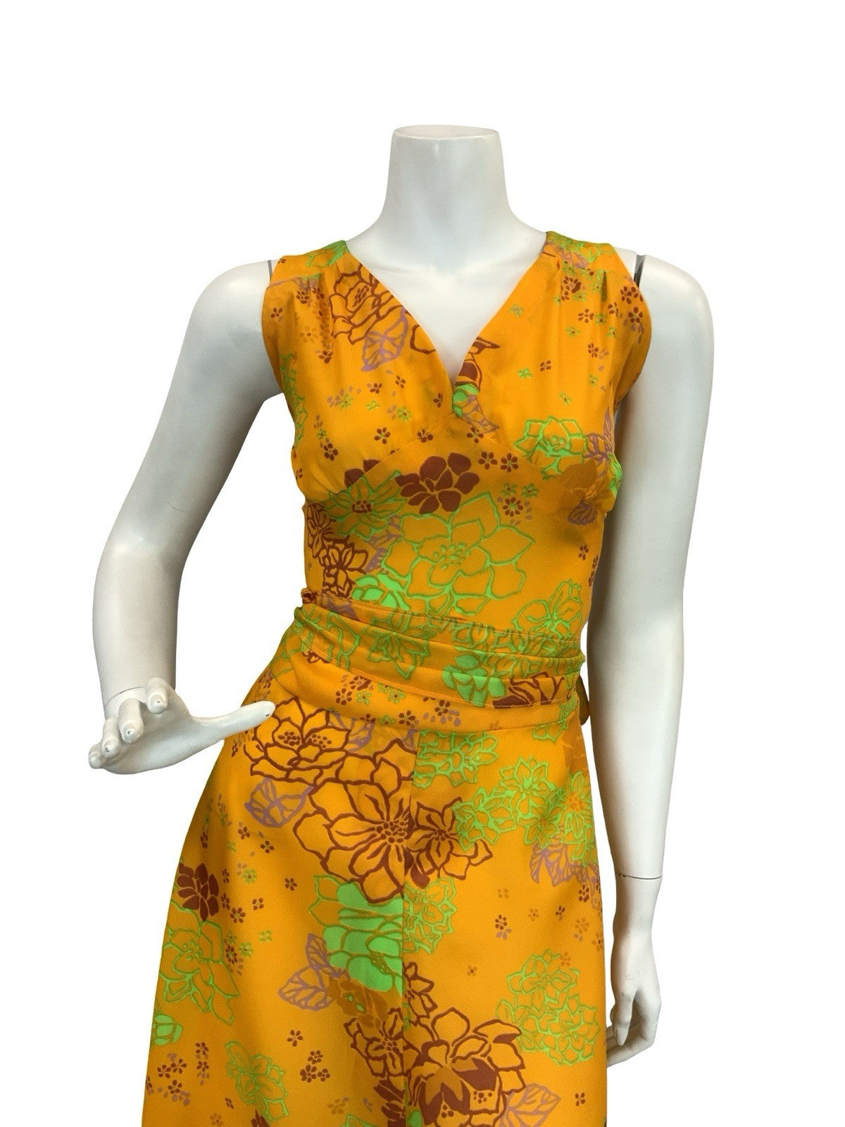 VTG 60S 70S YELLOW BROWN GREEN PURPLE FLORAL RUCHED TIE WAIST MAXI DRESS 8