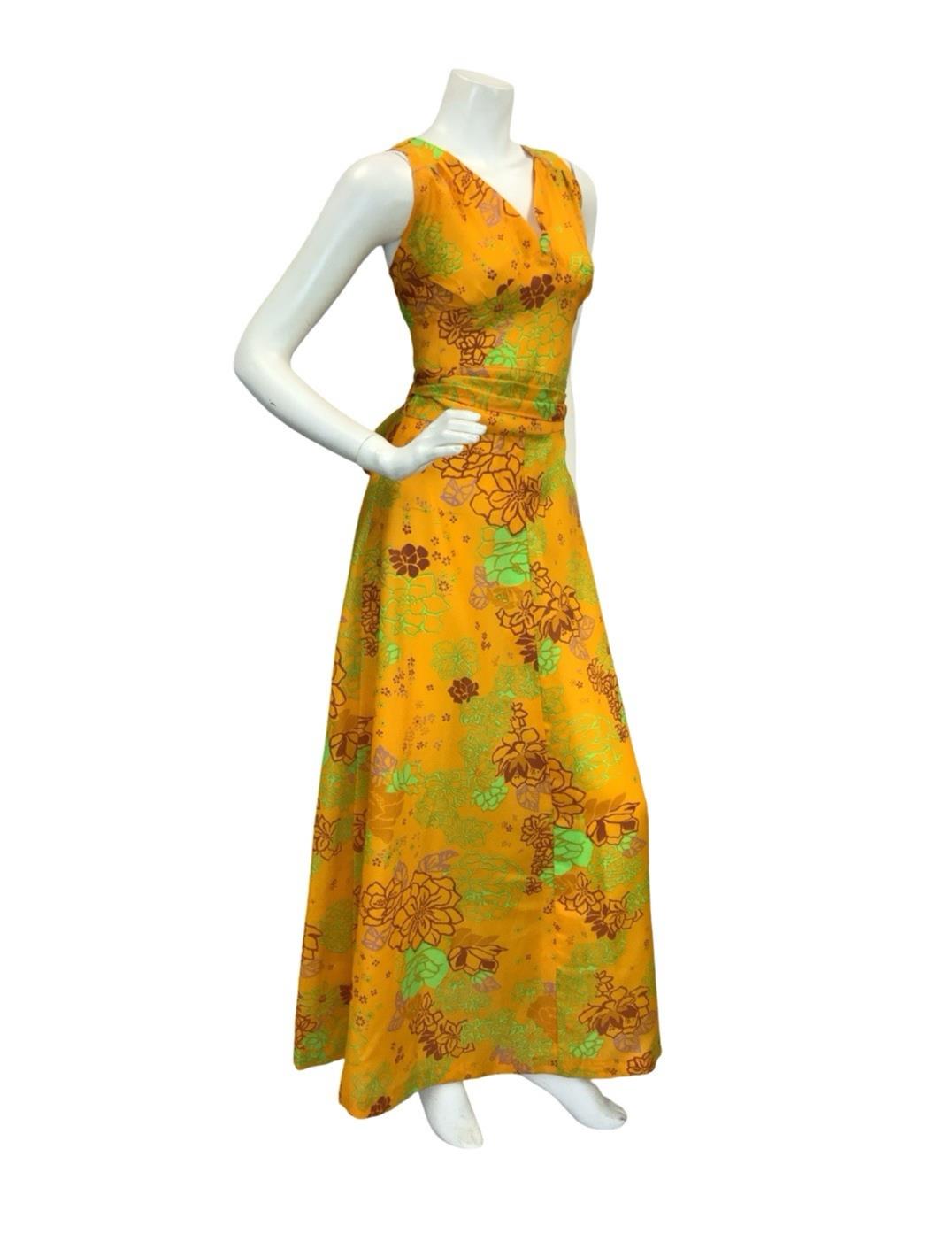VTG 60S 70S YELLOW BROWN GREEN PURPLE FLORAL RUCHED TIE WAIST MAXI DRESS 8