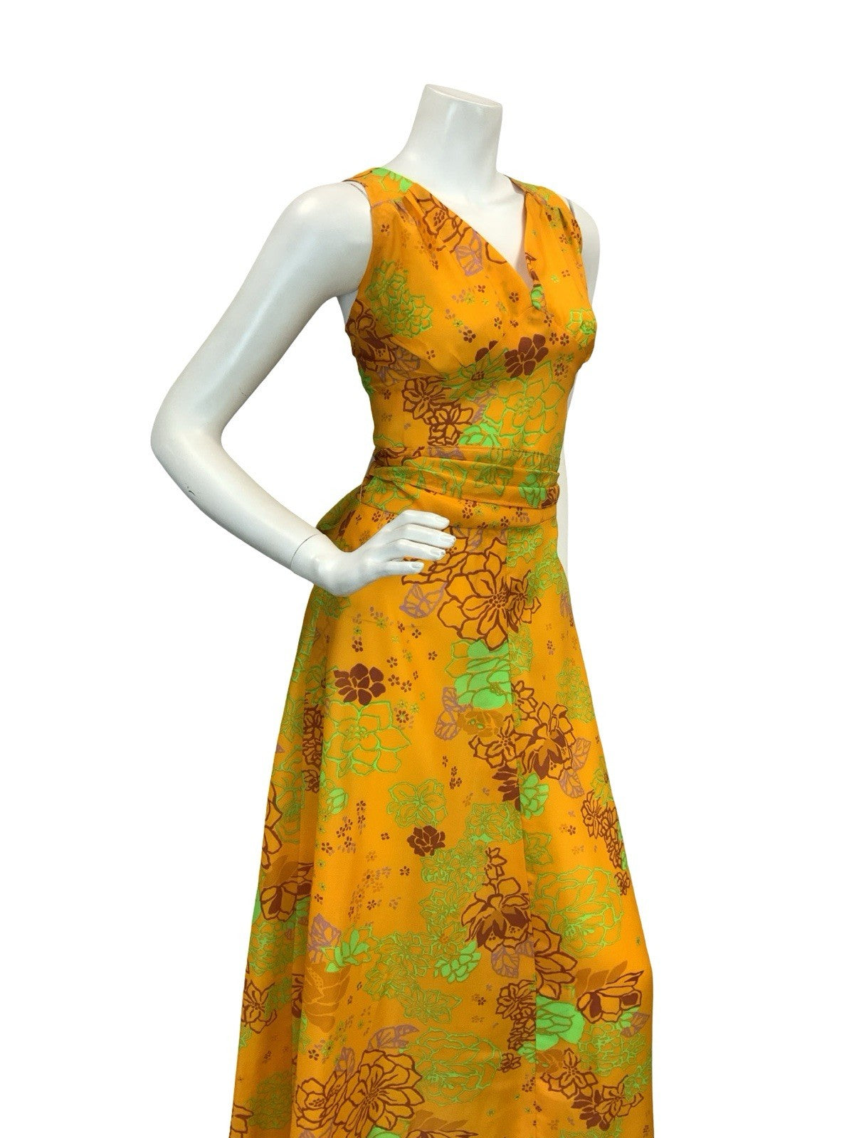 VTG 60S 70S YELLOW BROWN GREEN PURPLE FLORAL RUCHED TIE WAIST MAXI DRESS 8