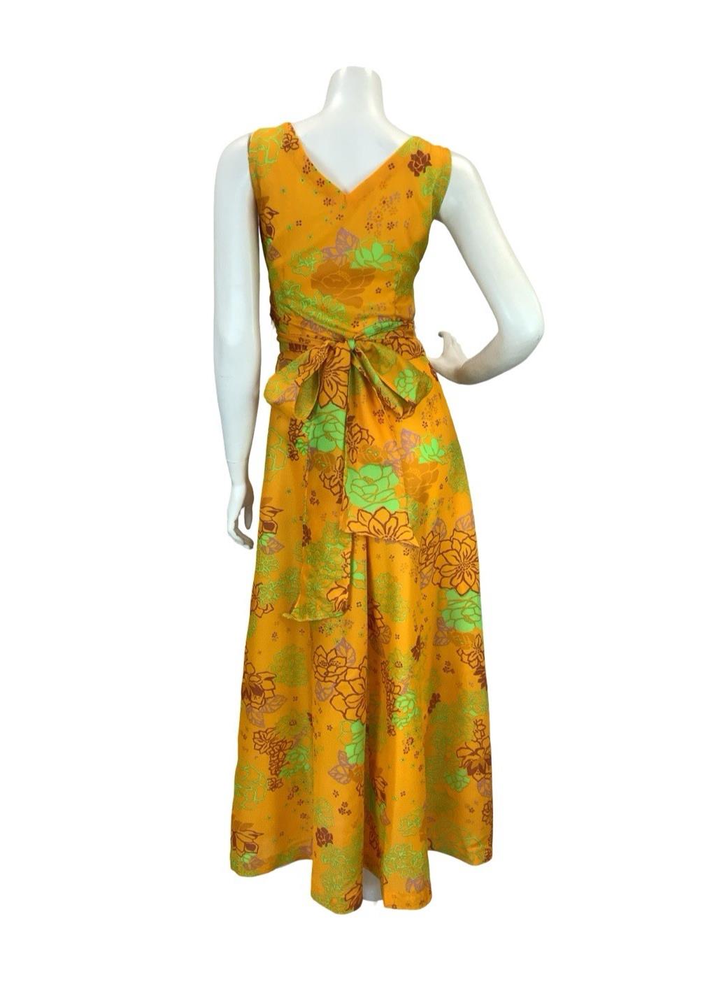 VTG 60S 70S YELLOW BROWN GREEN PURPLE FLORAL RUCHED TIE WAIST MAXI DRESS 8