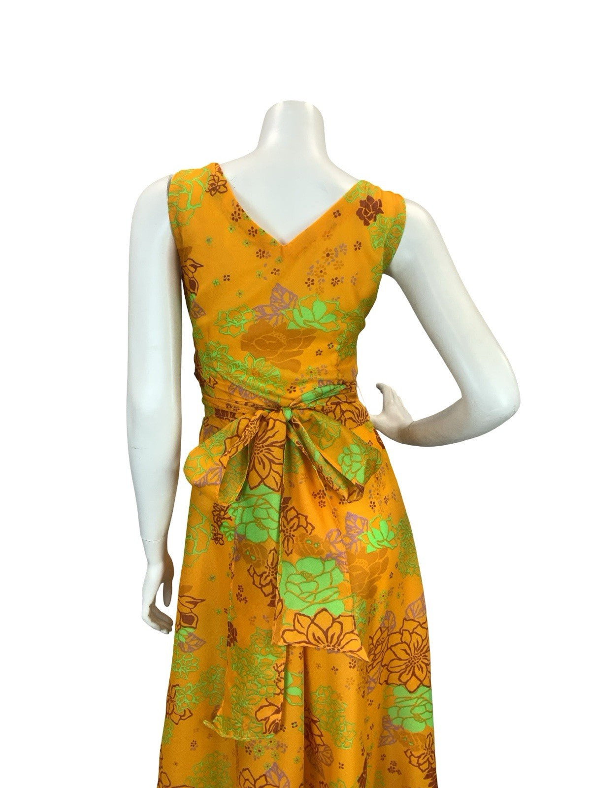 VTG 60S 70S YELLOW BROWN GREEN PURPLE FLORAL RUCHED TIE WAIST MAXI DRESS 8
