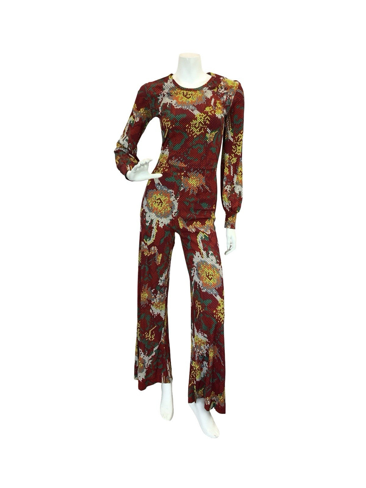 VTG 70S RED WHITE YELLOW GREEN SNAKESKIN DOTTY FLORAL DISCO JUMPSUIT 6 XS