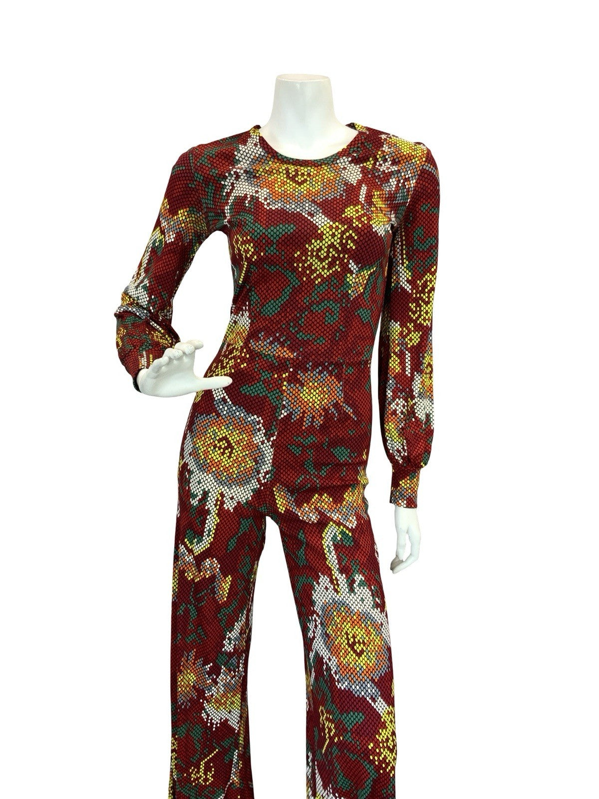 VTG 70S RED WHITE YELLOW GREEN SNAKESKIN DOTTY FLORAL DISCO JUMPSUIT 6 XS