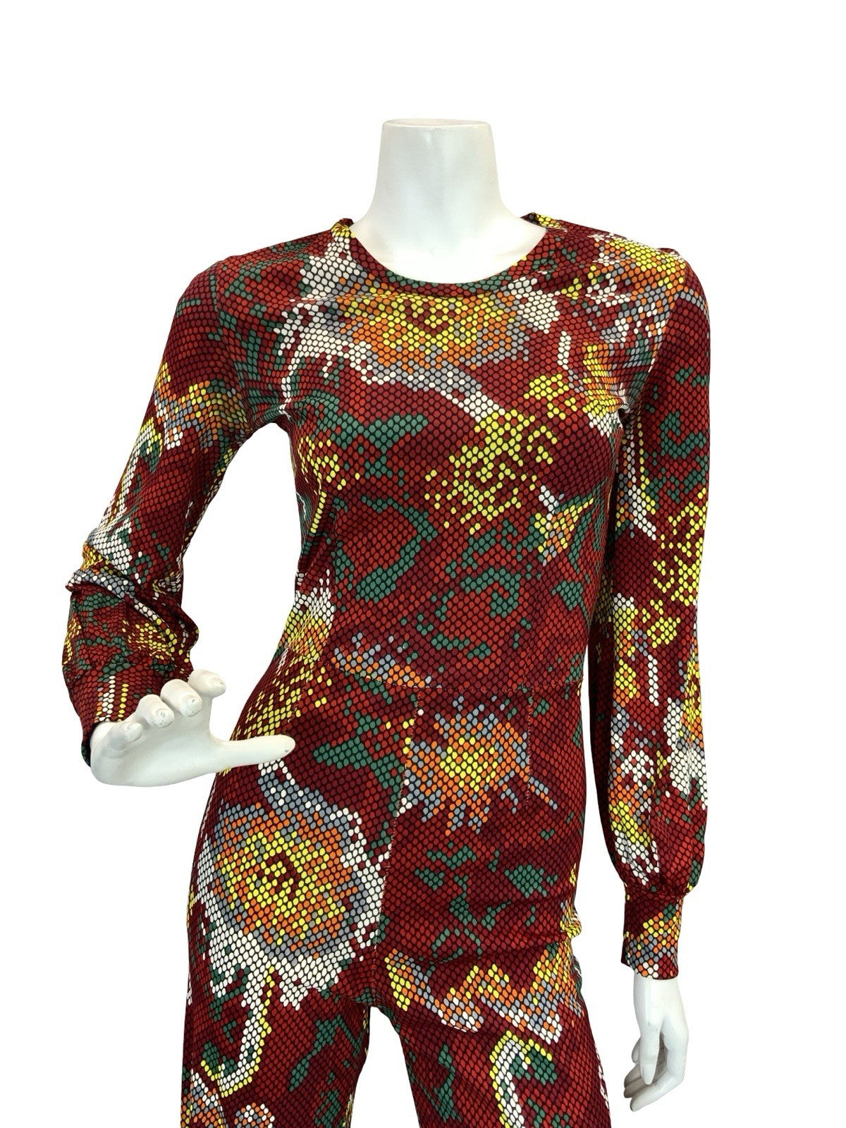 VTG 70S RED WHITE YELLOW GREEN SNAKESKIN DOTTY FLORAL DISCO JUMPSUIT 6 XS