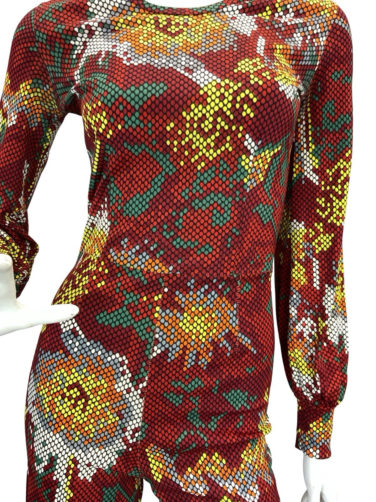 VTG 70S RED WHITE YELLOW GREEN SNAKESKIN DOTTY FLORAL DISCO JUMPSUIT 6 XS