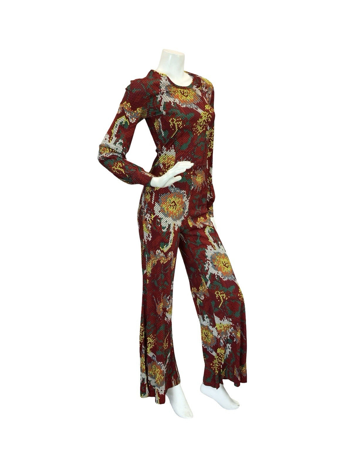 VTG 70S RED WHITE YELLOW GREEN SNAKESKIN DOTTY FLORAL DISCO JUMPSUIT 6 XS
