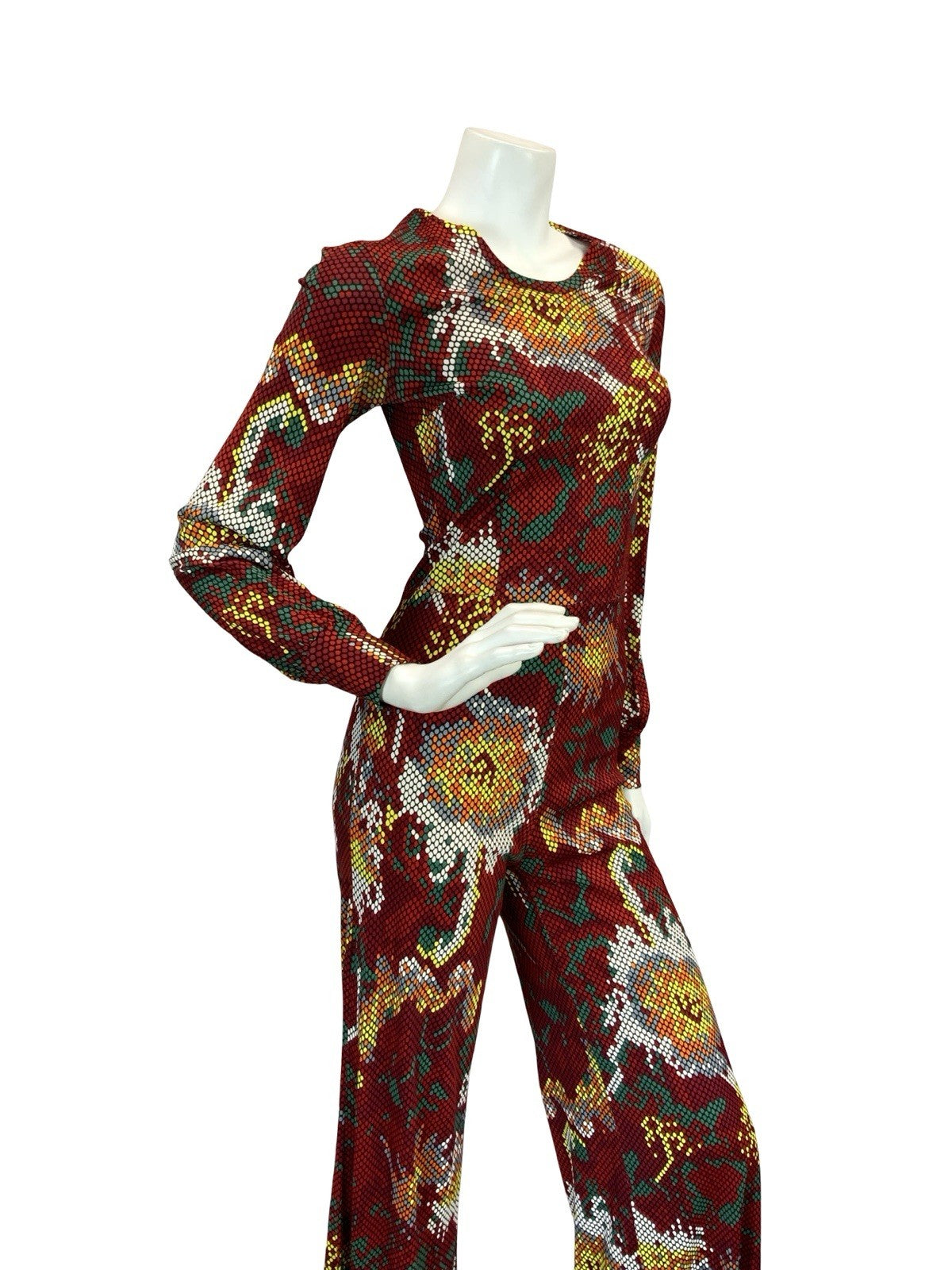 VTG 70S RED WHITE YELLOW GREEN SNAKESKIN DOTTY FLORAL DISCO JUMPSUIT 6 XS