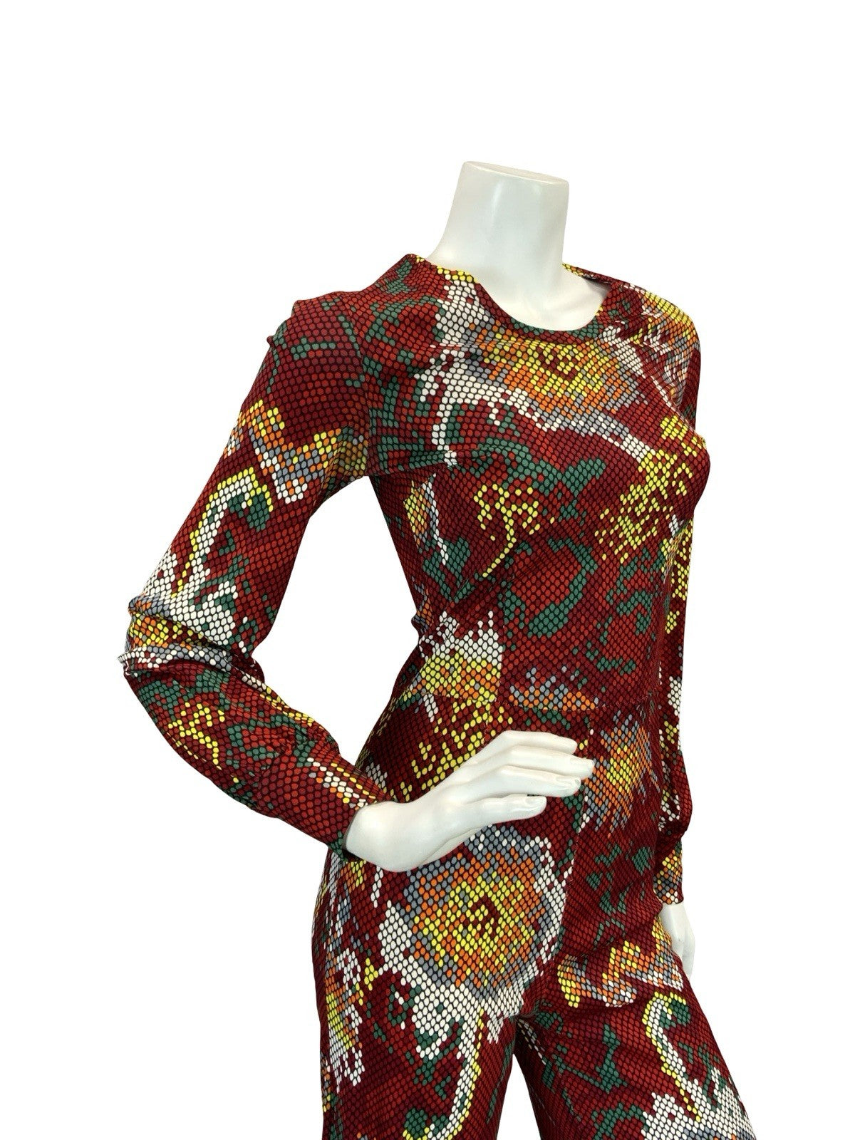 VTG 70S RED WHITE YELLOW GREEN SNAKESKIN DOTTY FLORAL DISCO JUMPSUIT 6 XS