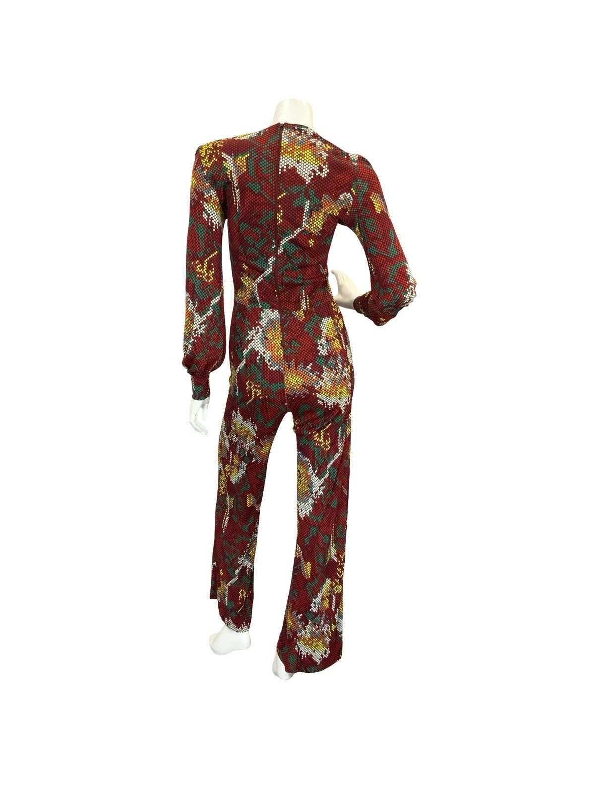 VTG 70S RED WHITE YELLOW GREEN SNAKESKIN DOTTY FLORAL DISCO JUMPSUIT 6 XS
