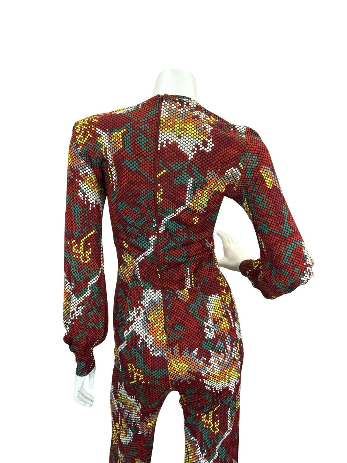 VTG 70S RED WHITE YELLOW GREEN SNAKESKIN DOTTY FLORAL DISCO JUMPSUIT 6 XS