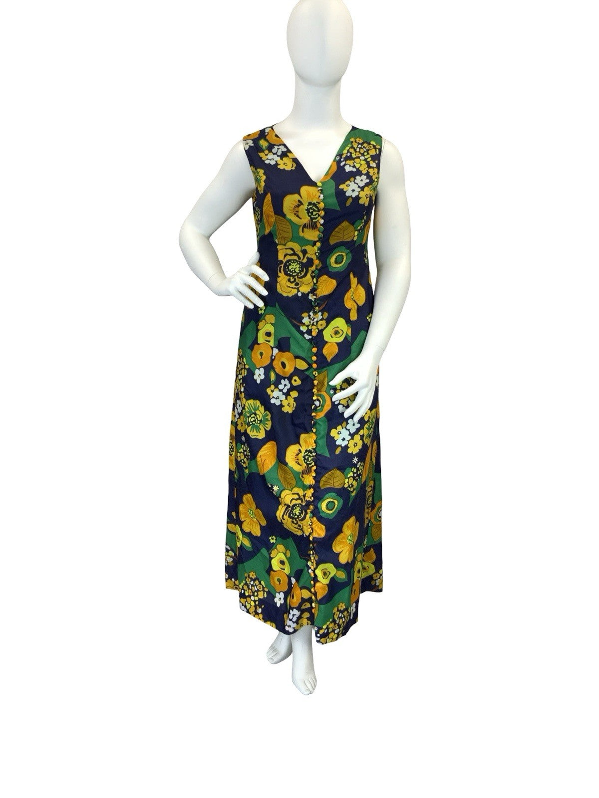 VTG 60S 70S BLUE ORANGE YELLOW GREEN PSYCHEDELIC FLORAL V NECK MAXI DRESS 16
