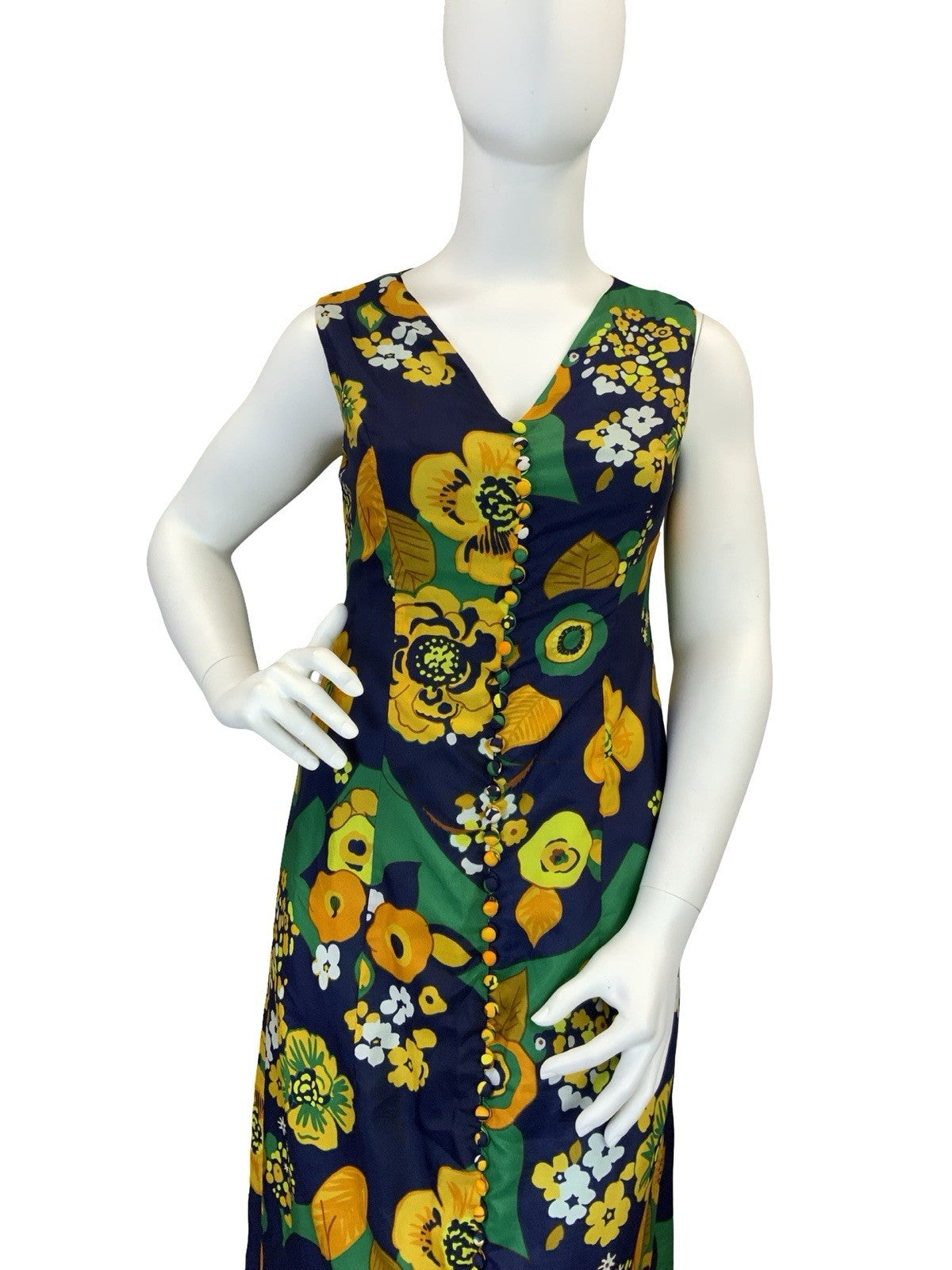 VTG 60S 70S BLUE ORANGE YELLOW GREEN PSYCHEDELIC FLORAL V NECK MAXI DRESS 16