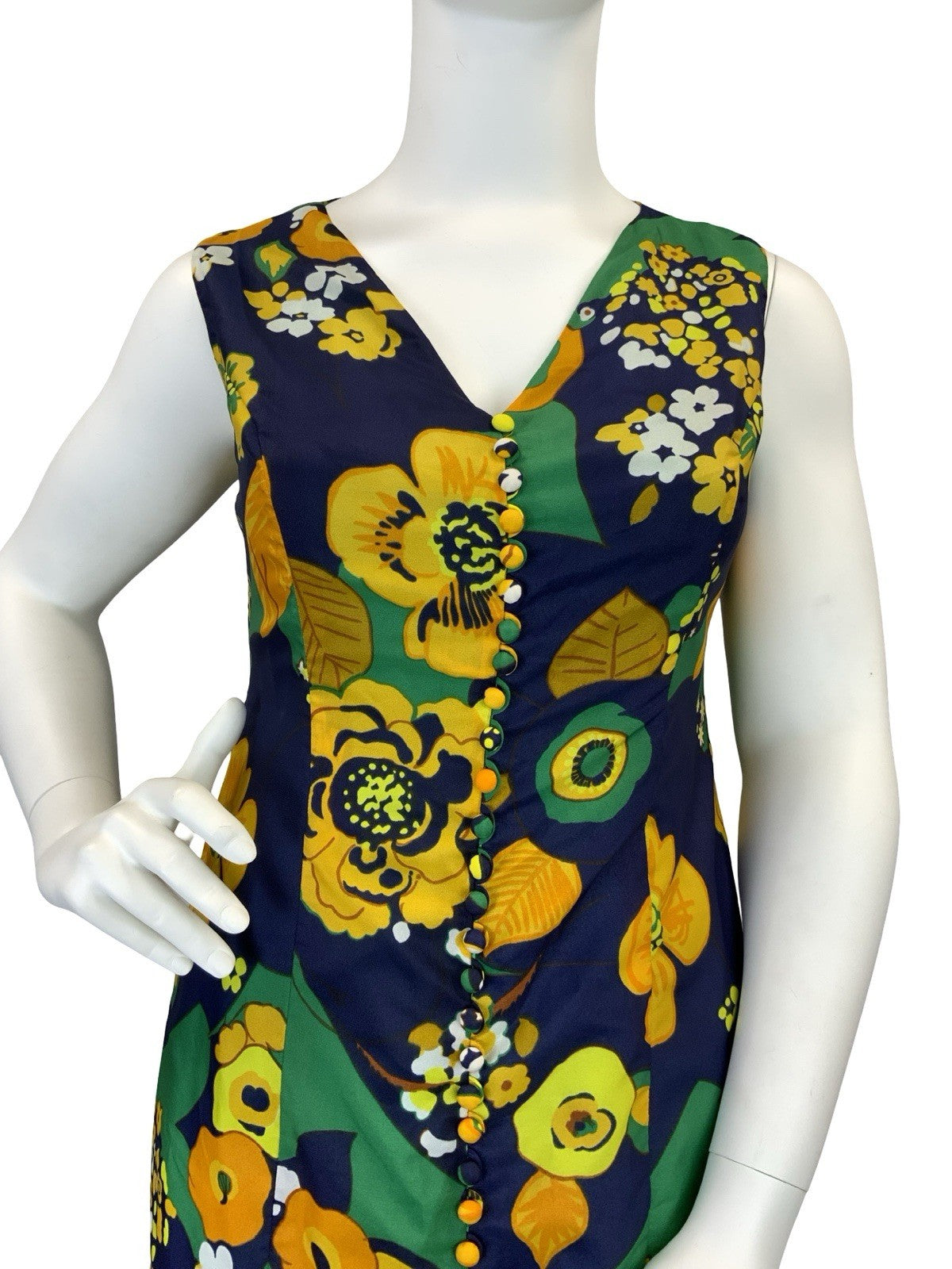 VTG 60S 70S BLUE ORANGE YELLOW GREEN PSYCHEDELIC FLORAL V NECK MAXI DRESS 16