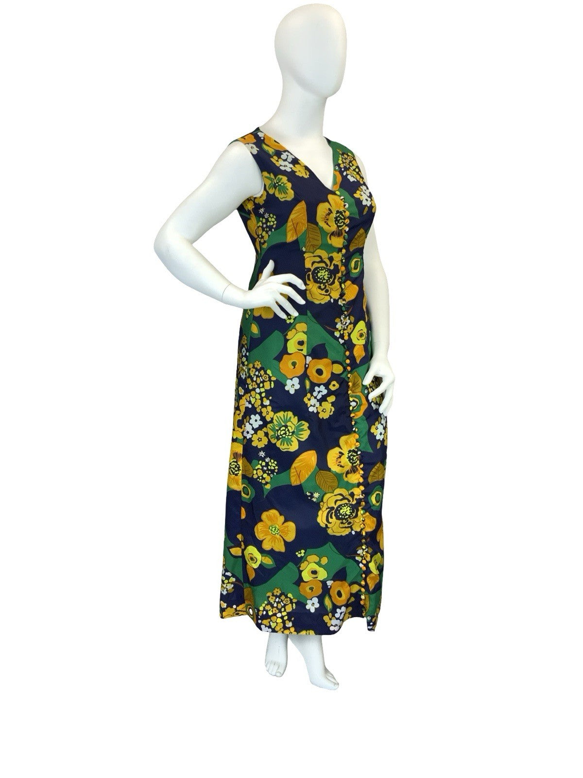 VTG 60S 70S BLUE ORANGE YELLOW GREEN PSYCHEDELIC FLORAL V NECK MAXI DRESS 16
