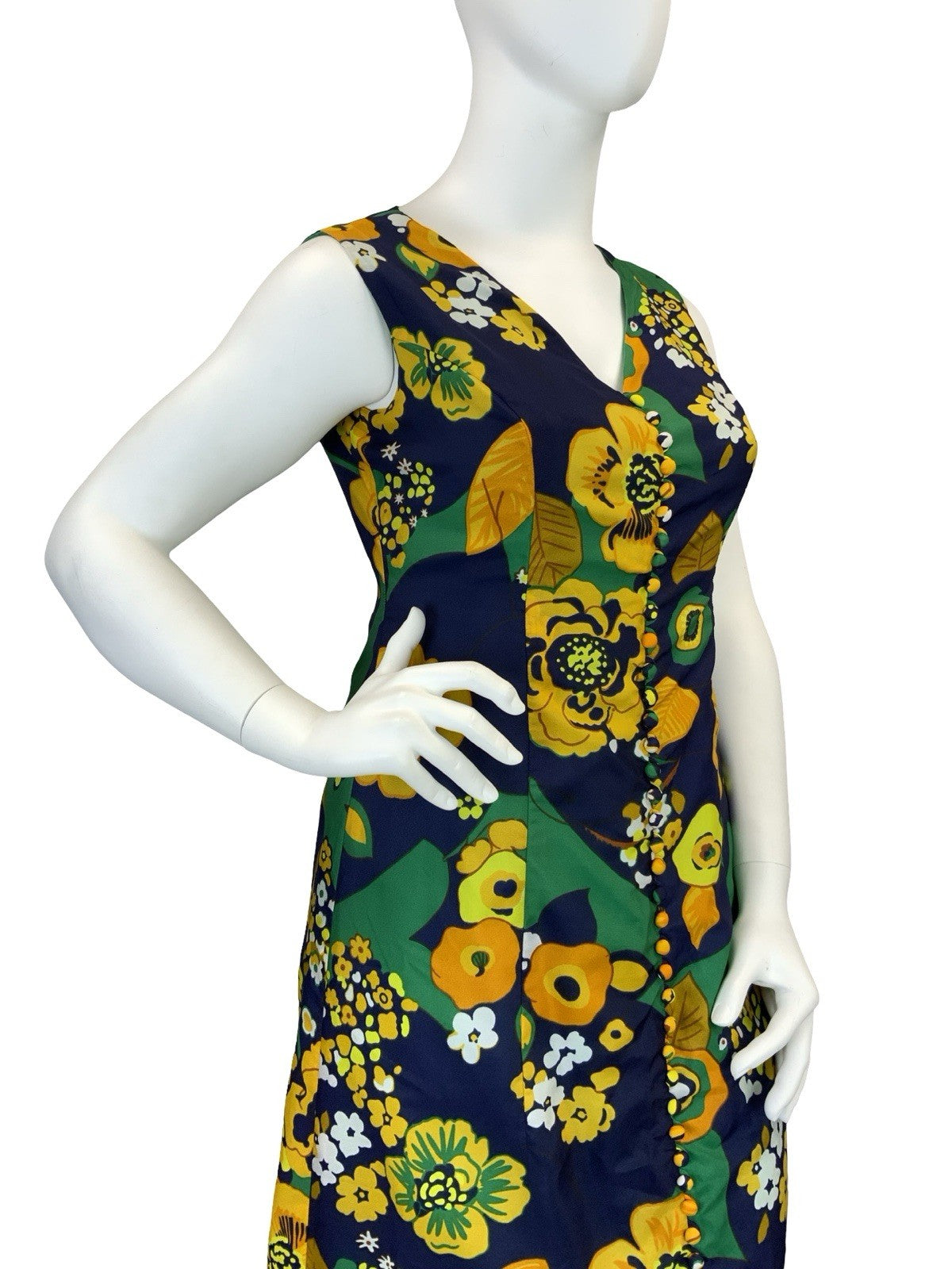 VTG 60S 70S BLUE ORANGE YELLOW GREEN PSYCHEDELIC FLORAL V NECK MAXI DRESS 16