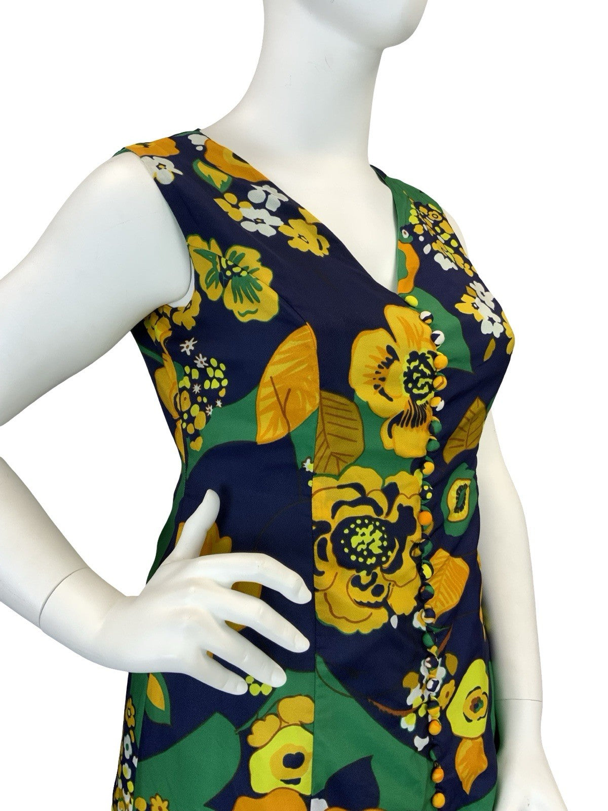 VTG 60S 70S BLUE ORANGE YELLOW GREEN PSYCHEDELIC FLORAL V NECK MAXI DRESS 16