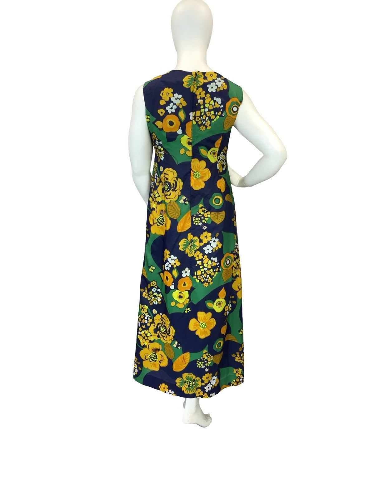 VTG 60S 70S BLUE ORANGE YELLOW GREEN PSYCHEDELIC FLORAL V NECK MAXI DRESS 16