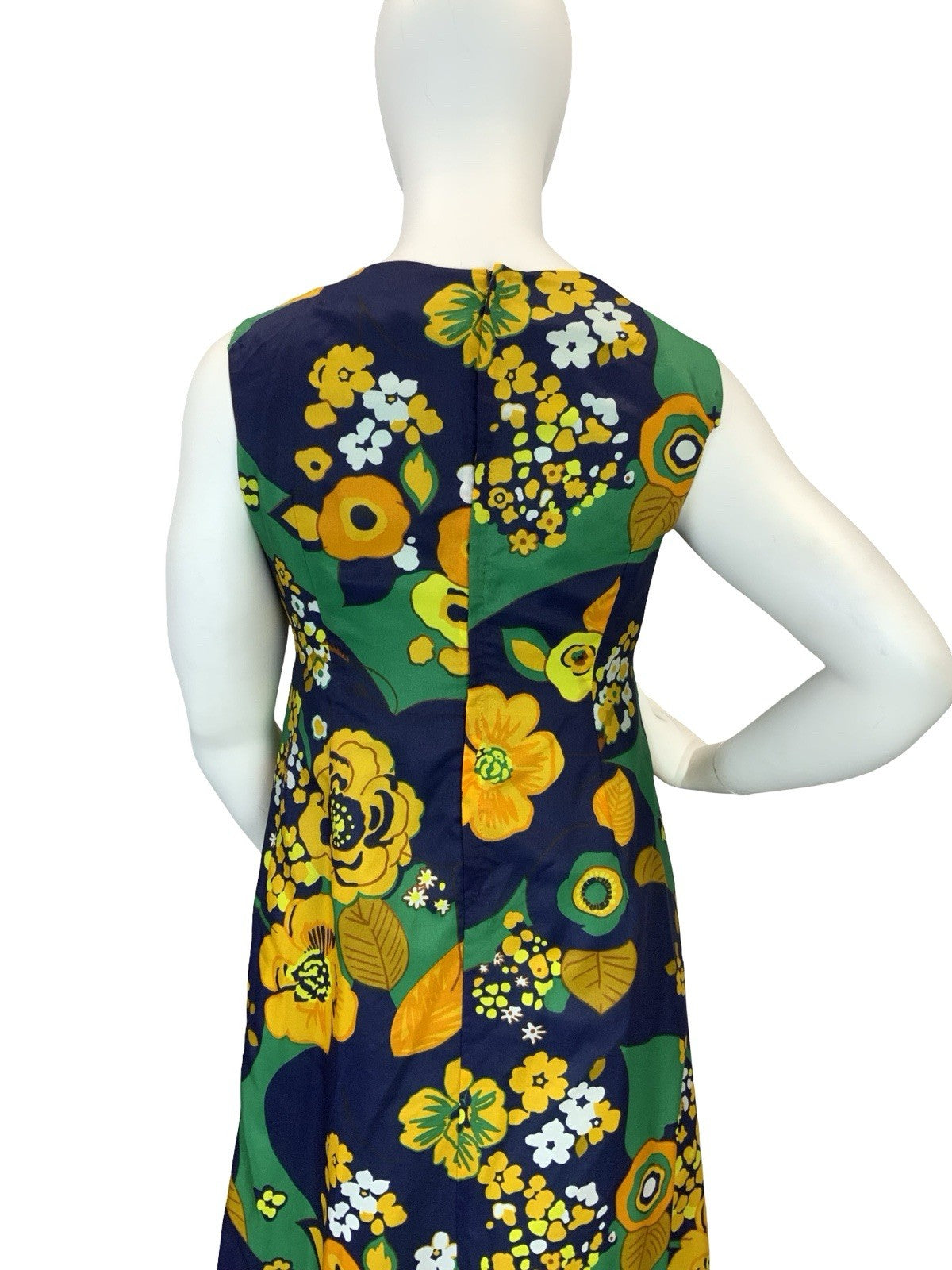 VTG 60S 70S BLUE ORANGE YELLOW GREEN PSYCHEDELIC FLORAL V NECK MAXI DRESS 16