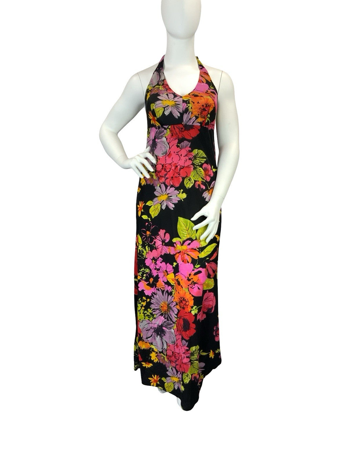 VTG 60S 70S BLACK PINK GREEN PURPLE RED FLORAL HALTER NECK MAXI DRESS 14 16
