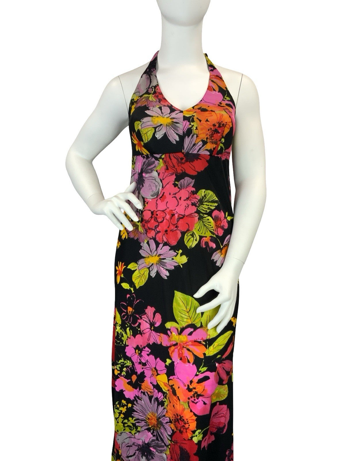 VTG 60S 70S BLACK PINK GREEN PURPLE RED FLORAL HALTER NECK MAXI DRESS 14 16