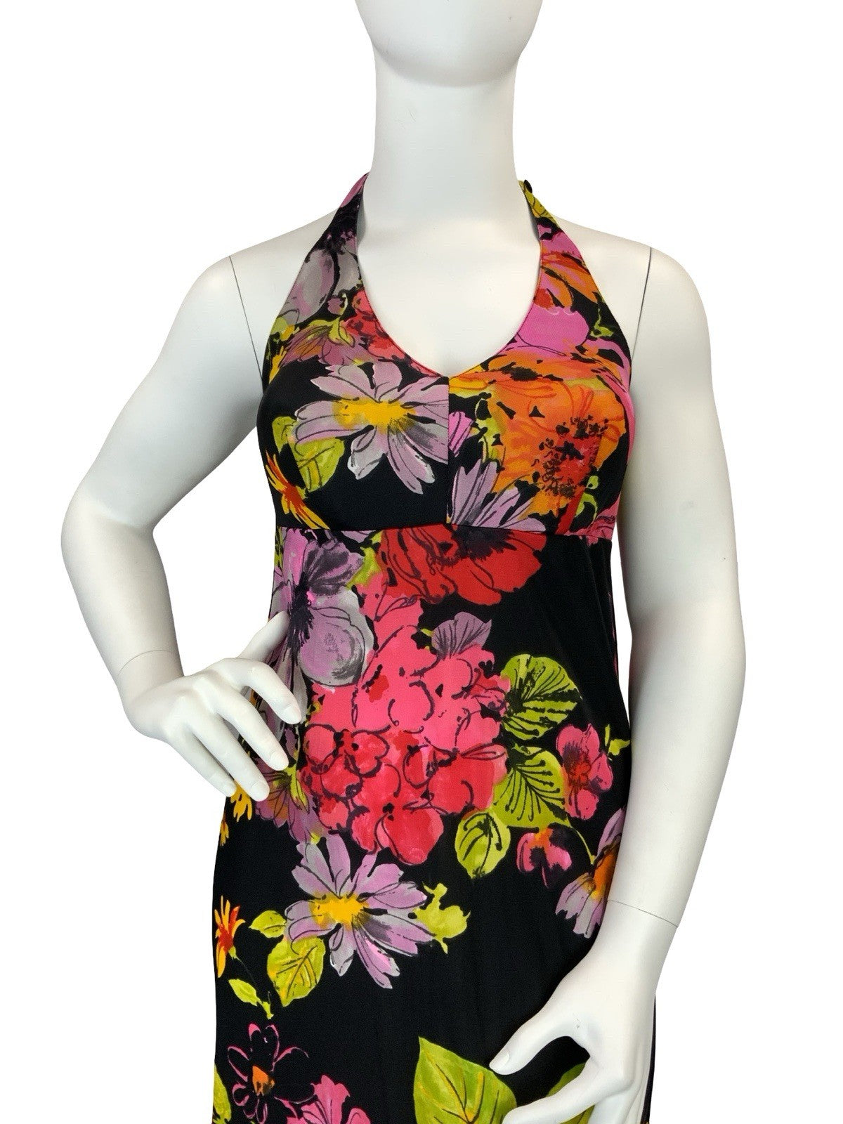 VTG 60S 70S BLACK PINK GREEN PURPLE RED FLORAL HALTER NECK MAXI DRESS 14 16