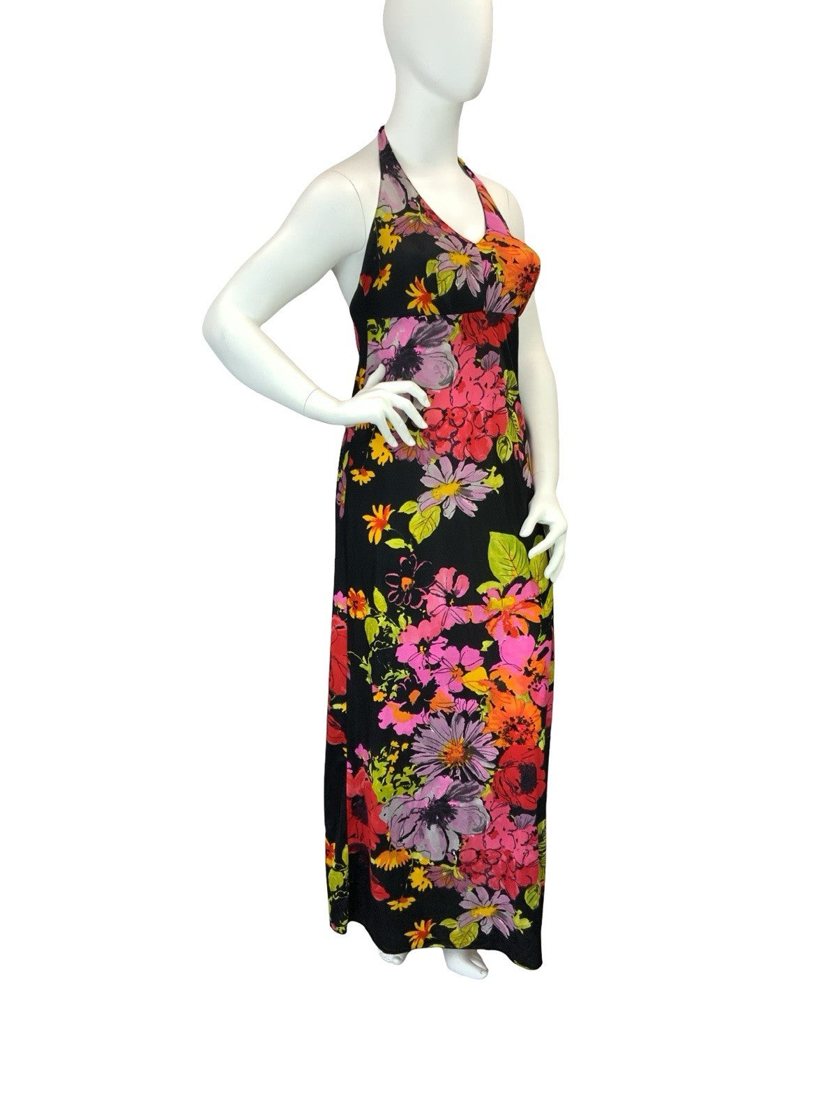 VTG 60S 70S BLACK PINK GREEN PURPLE RED FLORAL HALTER NECK MAXI DRESS 14 16