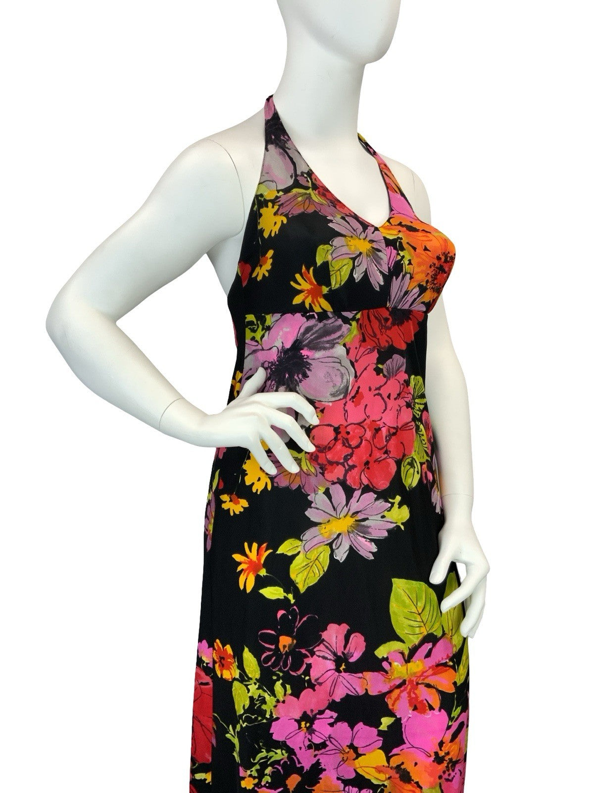 VTG 60S 70S BLACK PINK GREEN PURPLE RED FLORAL HALTER NECK MAXI DRESS 14 16