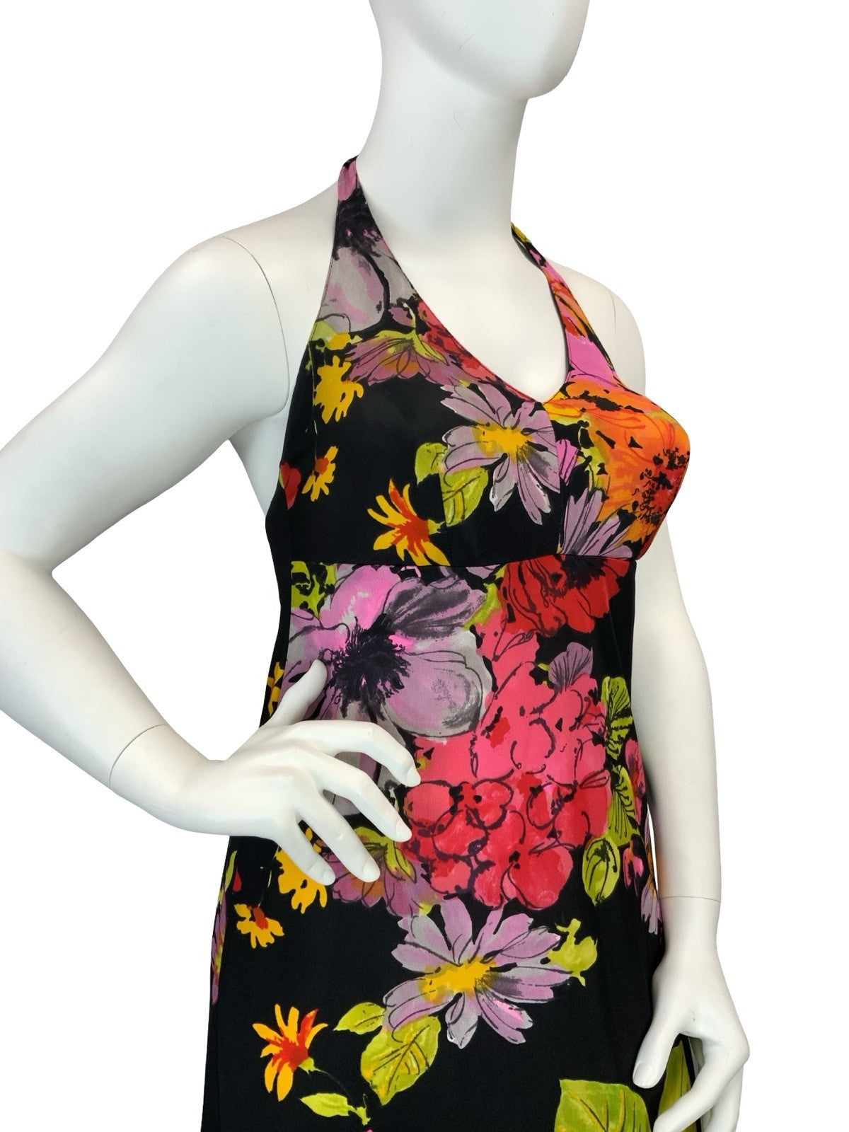 VTG 60S 70S BLACK PINK GREEN PURPLE RED FLORAL HALTER NECK MAXI DRESS 14 16