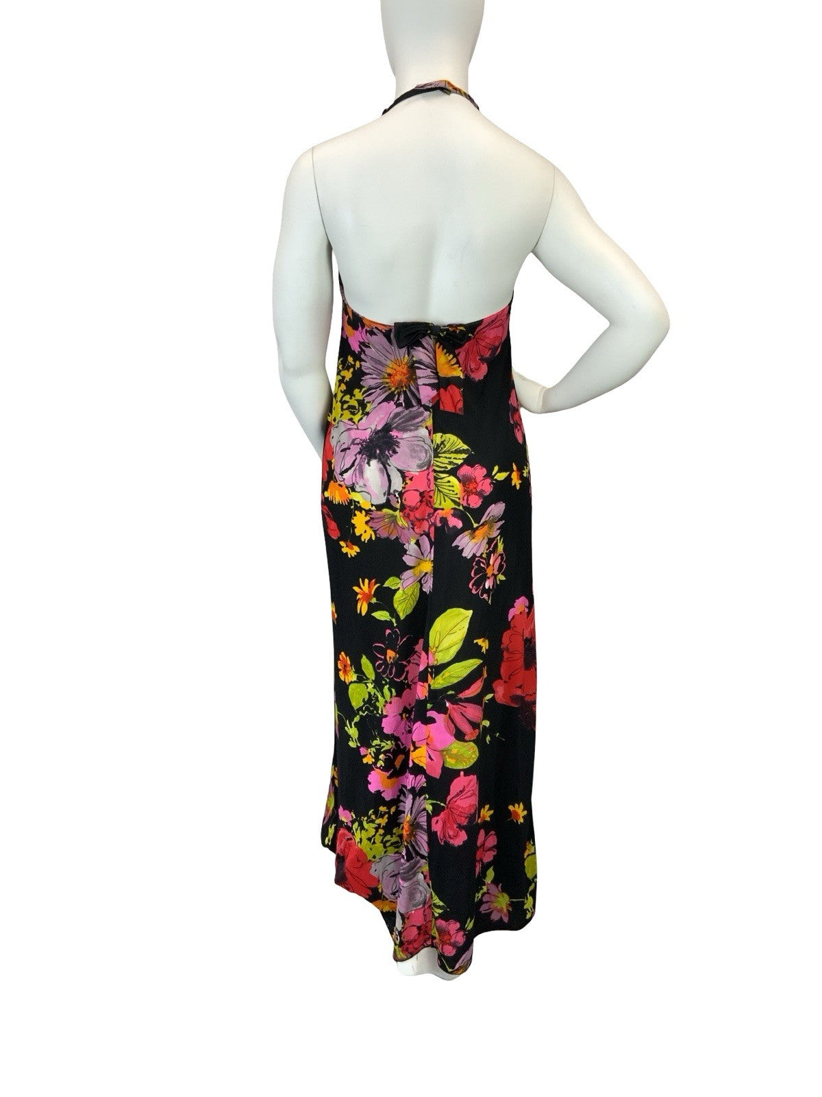 VTG 60S 70S BLACK PINK GREEN PURPLE RED FLORAL HALTER NECK MAXI DRESS 14 16