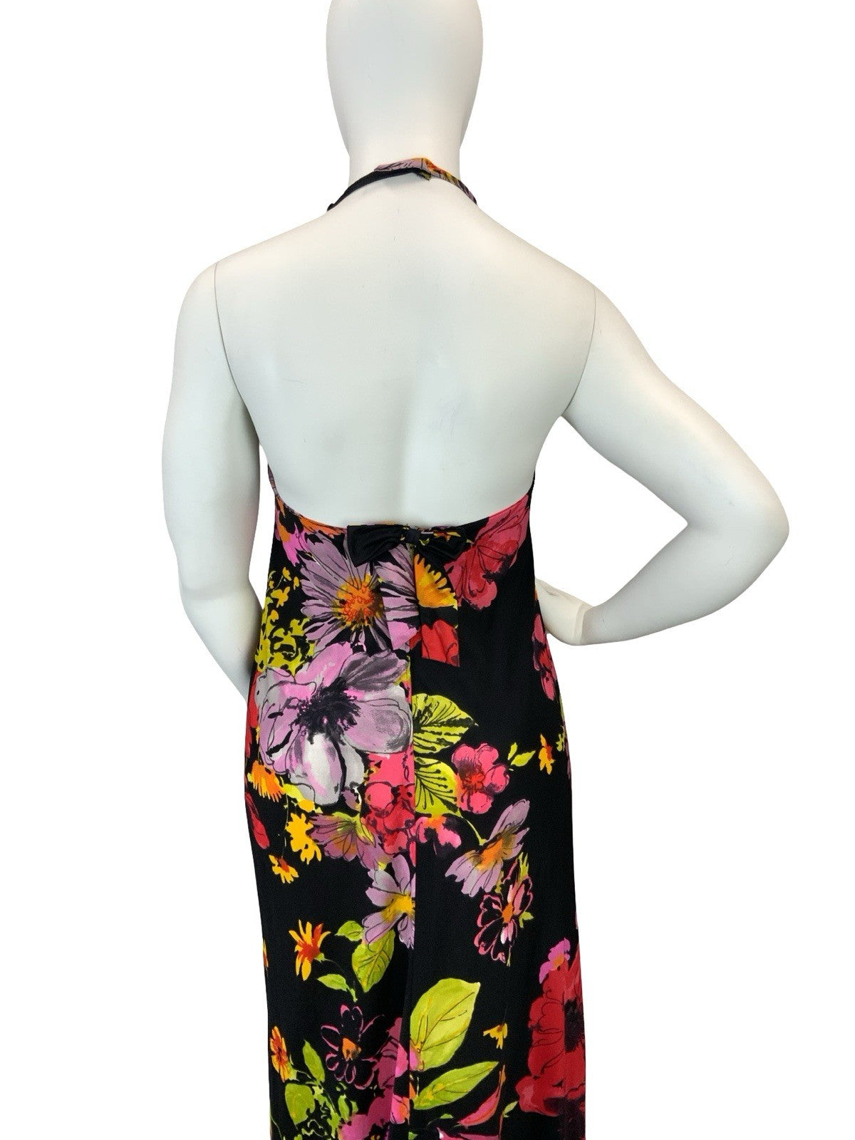 VTG 60S 70S BLACK PINK GREEN PURPLE RED FLORAL HALTER NECK MAXI DRESS 14 16