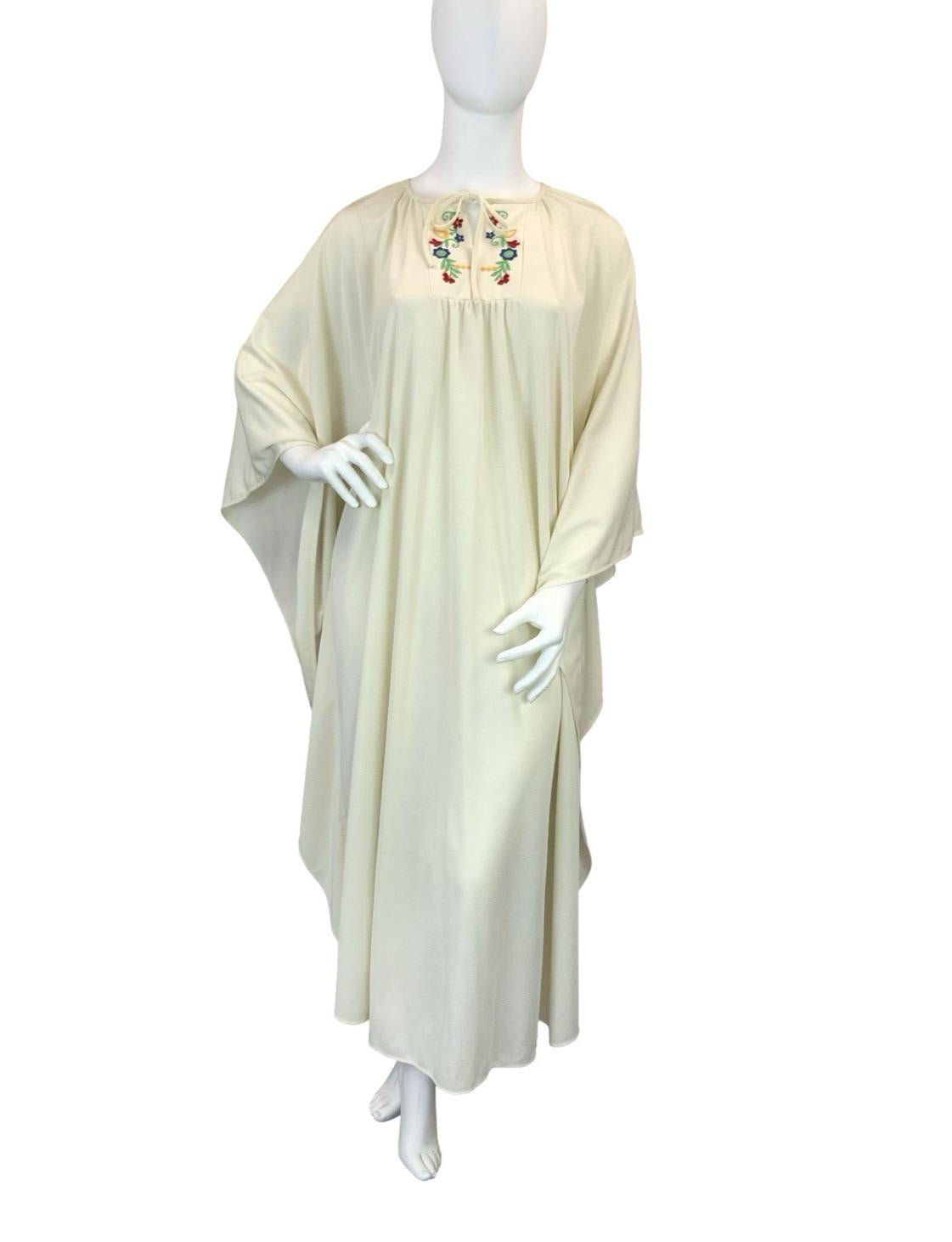VTG 60S 70S CREAM RED BLUE YELLOW FOLK BOHO FLORAL KAFTAN MAXI DRESS 18