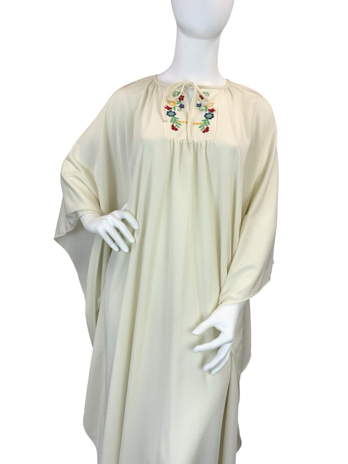 VTG 60S 70S CREAM RED BLUE YELLOW FOLK BOHO FLORAL KAFTAN MAXI DRESS 18