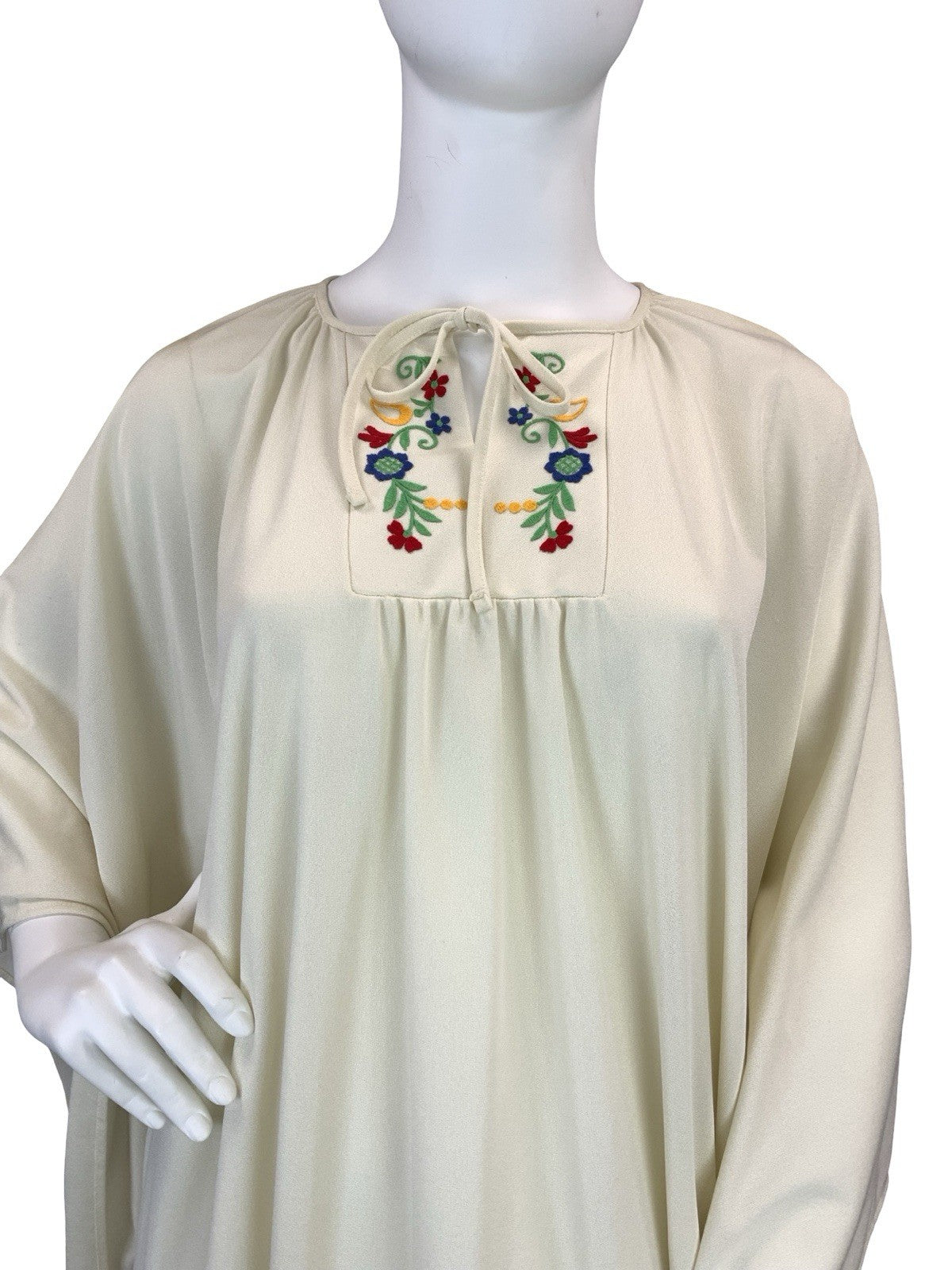 VTG 60S 70S CREAM RED BLUE YELLOW FOLK BOHO FLORAL KAFTAN MAXI DRESS 18