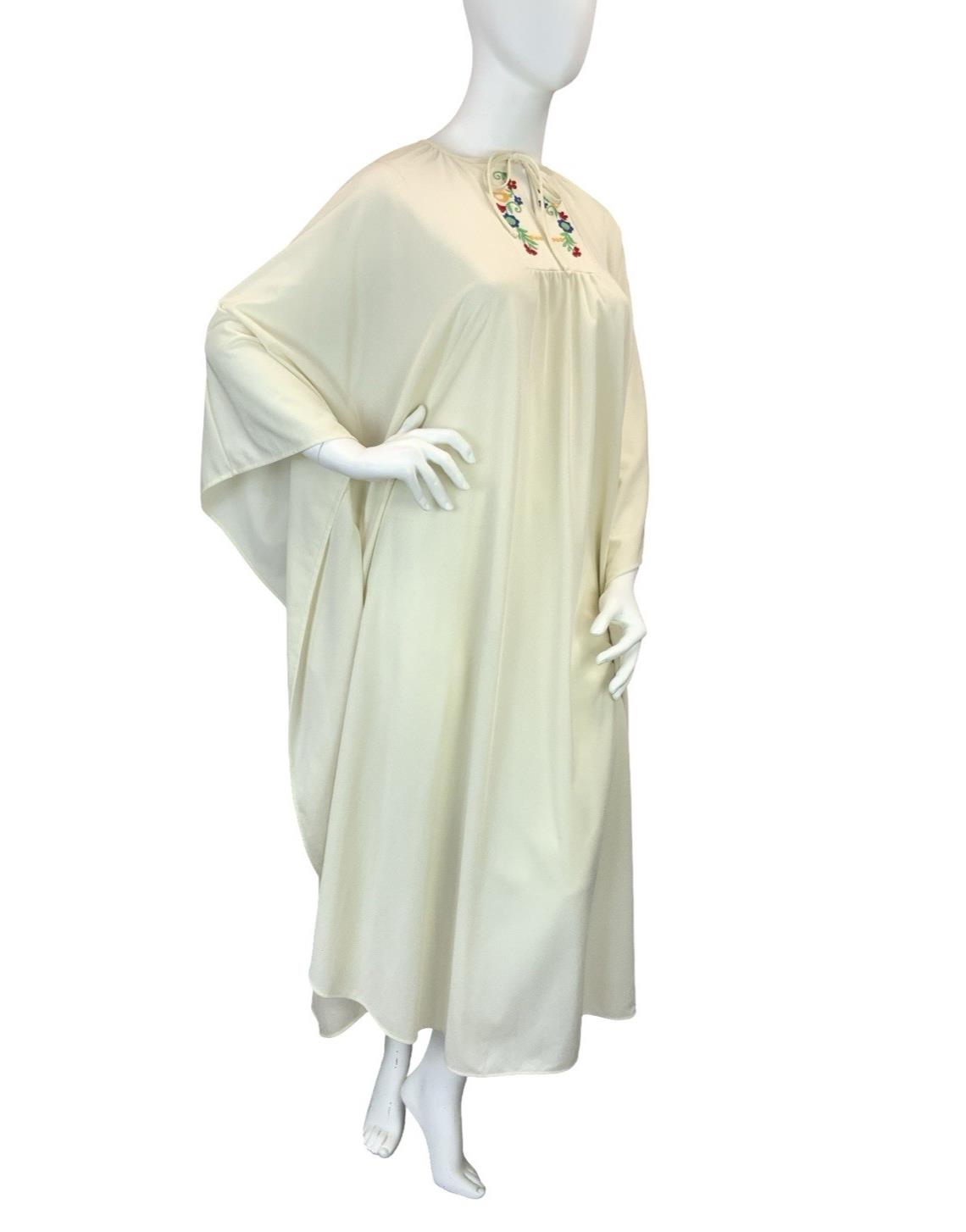 VTG 60S 70S CREAM RED BLUE YELLOW FOLK BOHO FLORAL KAFTAN MAXI DRESS 18