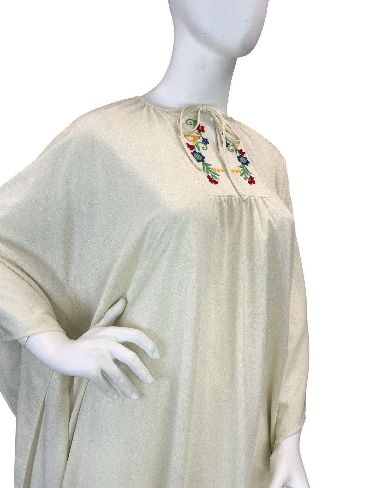 VTG 60S 70S CREAM RED BLUE YELLOW FOLK BOHO FLORAL KAFTAN MAXI DRESS 18