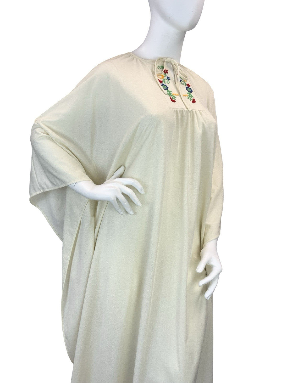 VTG 60S 70S CREAM RED BLUE YELLOW FOLK BOHO FLORAL KAFTAN MAXI DRESS 18