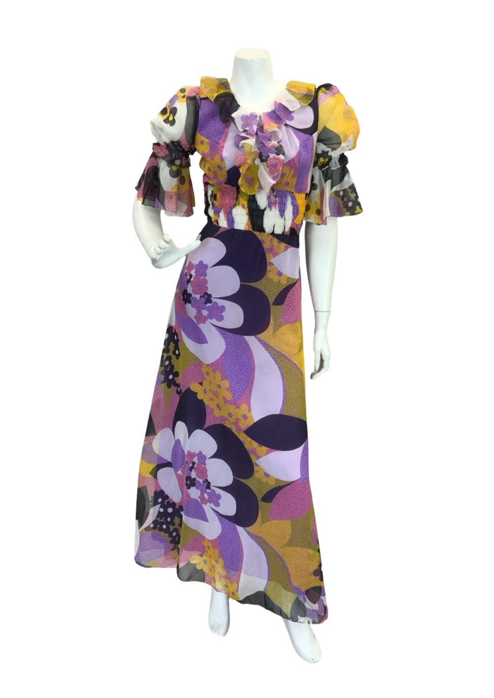 VTG 70S STYLE PURPLE YELLOW PINK BLACK FLORAL PUFF SLEEVE RUFFLE MAXI DRESS 4