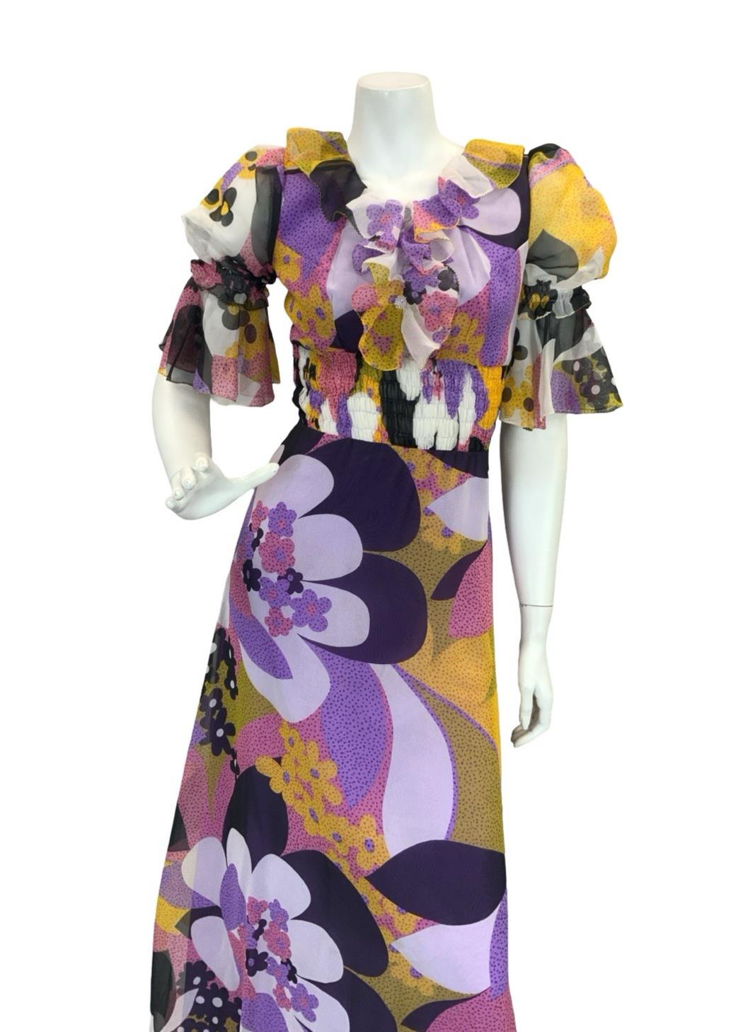 VTG 70S STYLE PURPLE YELLOW PINK BLACK FLORAL PUFF SLEEVE RUFFLE MAXI DRESS 4