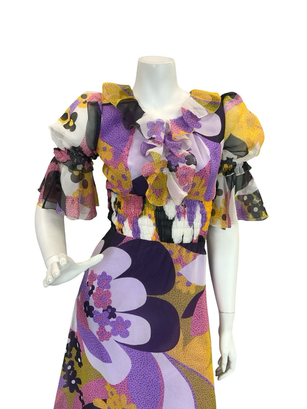VTG 70S STYLE PURPLE YELLOW PINK BLACK FLORAL PUFF SLEEVE RUFFLE MAXI DRESS 4