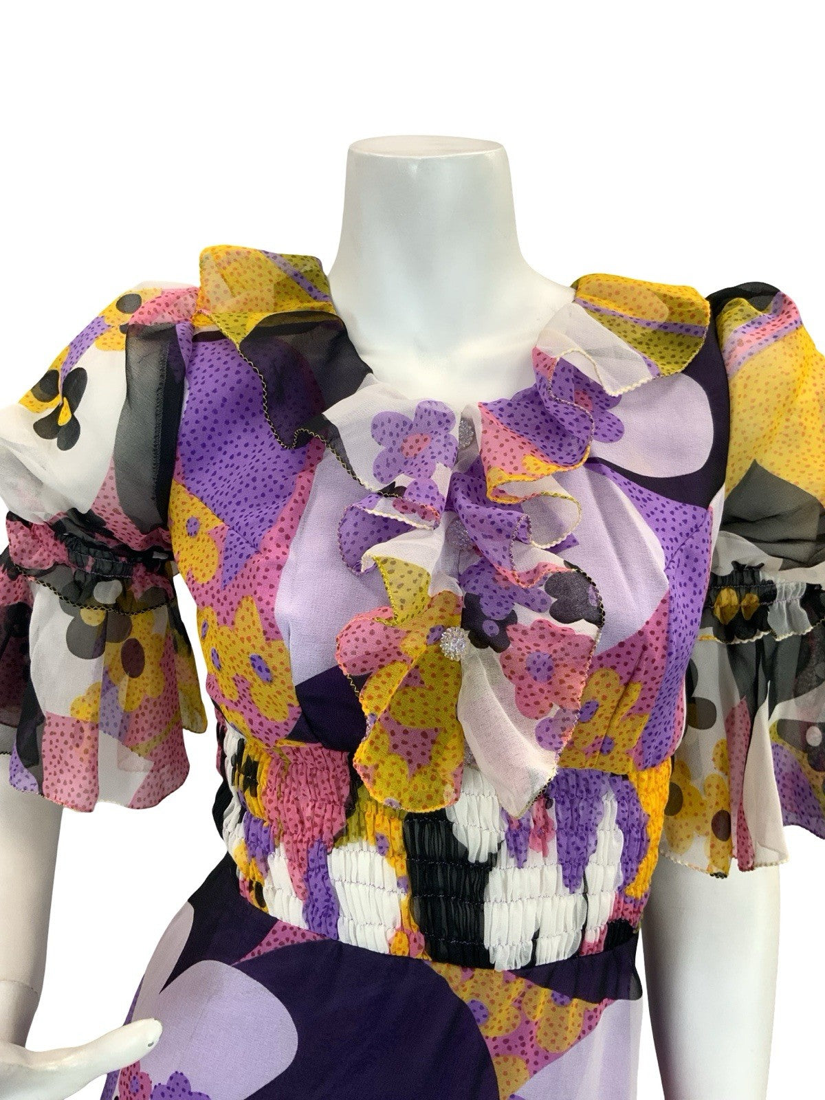VTG 70S STYLE PURPLE YELLOW PINK BLACK FLORAL PUFF SLEEVE RUFFLE MAXI DRESS 4