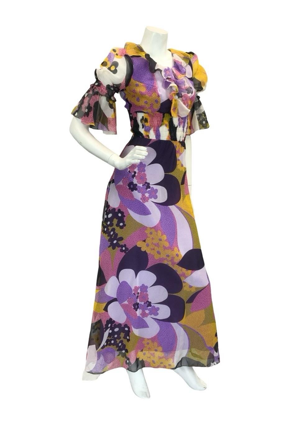 VTG 70S STYLE PURPLE YELLOW PINK BLACK FLORAL PUFF SLEEVE RUFFLE MAXI DRESS 4