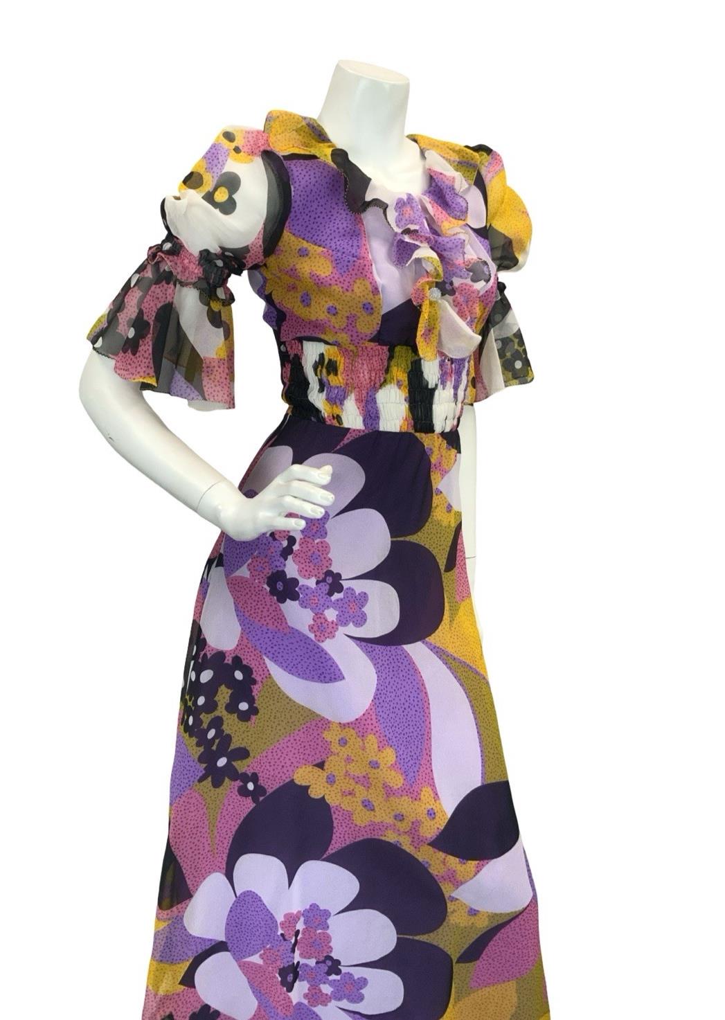 VTG 70S STYLE PURPLE YELLOW PINK BLACK FLORAL PUFF SLEEVE RUFFLE MAXI DRESS 4