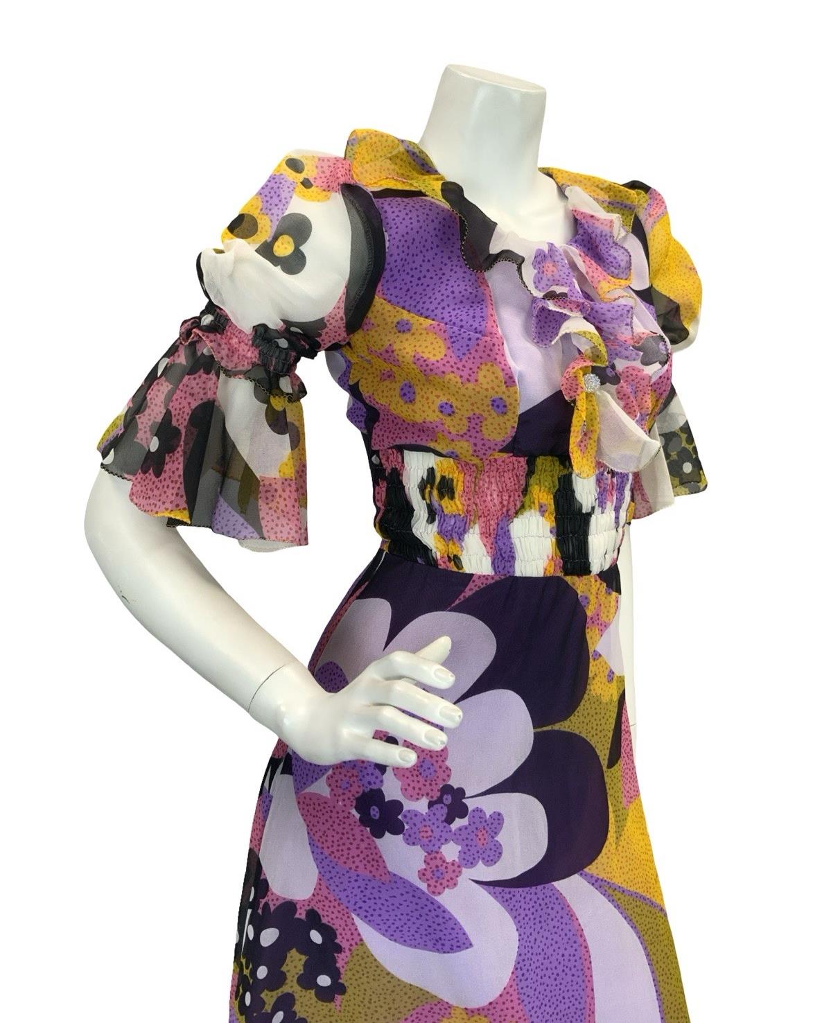 VTG 70S STYLE PURPLE YELLOW PINK BLACK FLORAL PUFF SLEEVE RUFFLE MAXI DRESS 4