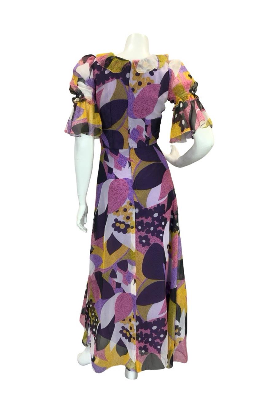 VTG 70S STYLE PURPLE YELLOW PINK BLACK FLORAL PUFF SLEEVE RUFFLE MAXI DRESS 4