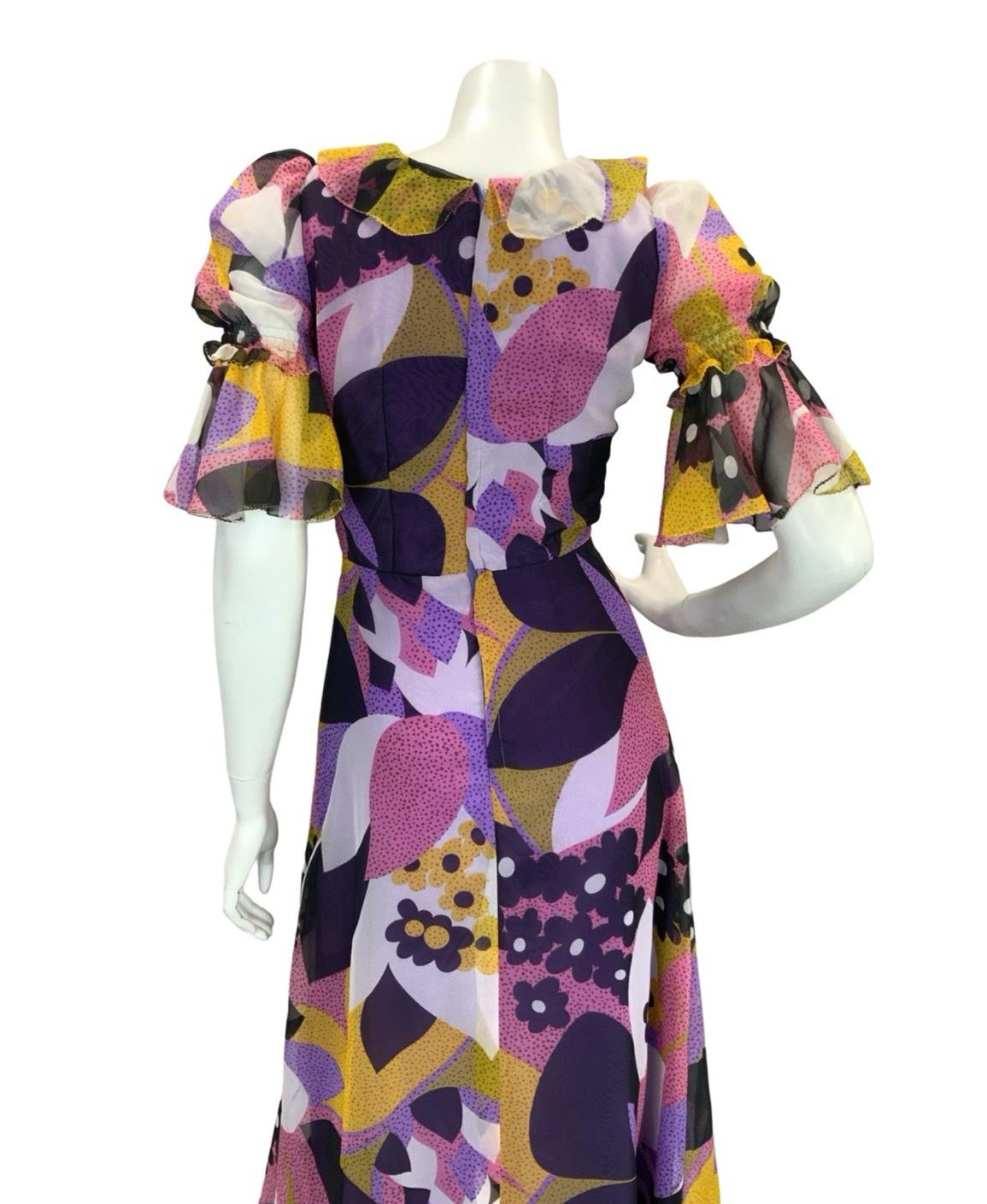 VTG 70S STYLE PURPLE YELLOW PINK BLACK FLORAL PUFF SLEEVE RUFFLE MAXI DRESS 4