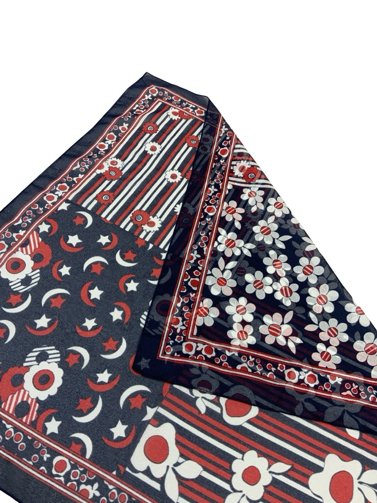 VTG 60S 70S MOD GEOMETRIC RED WHITE BLUE STRIPE FLORAL STAR MOON CELESTIAL SCARF