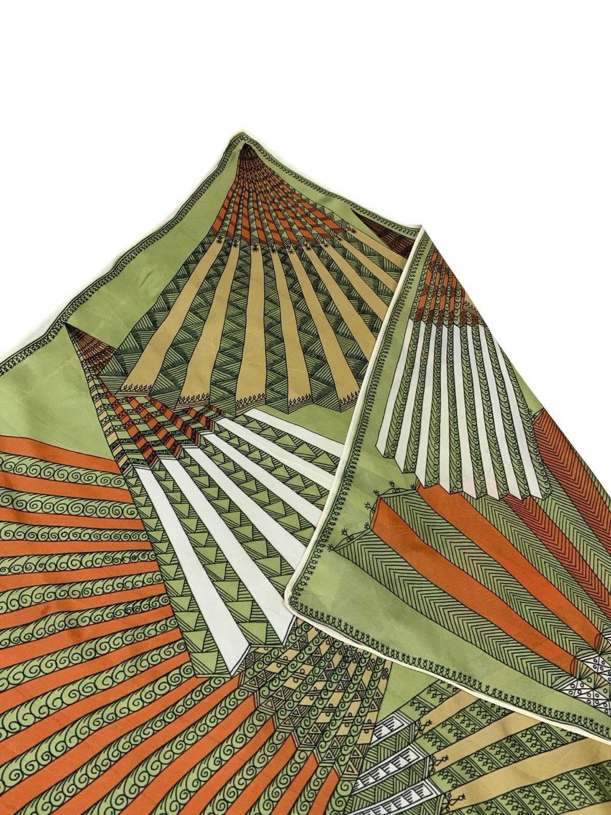 VTG 60S 70S GREEN ORANGE BLACK CREAM GEOMETRIC FAN SCARF